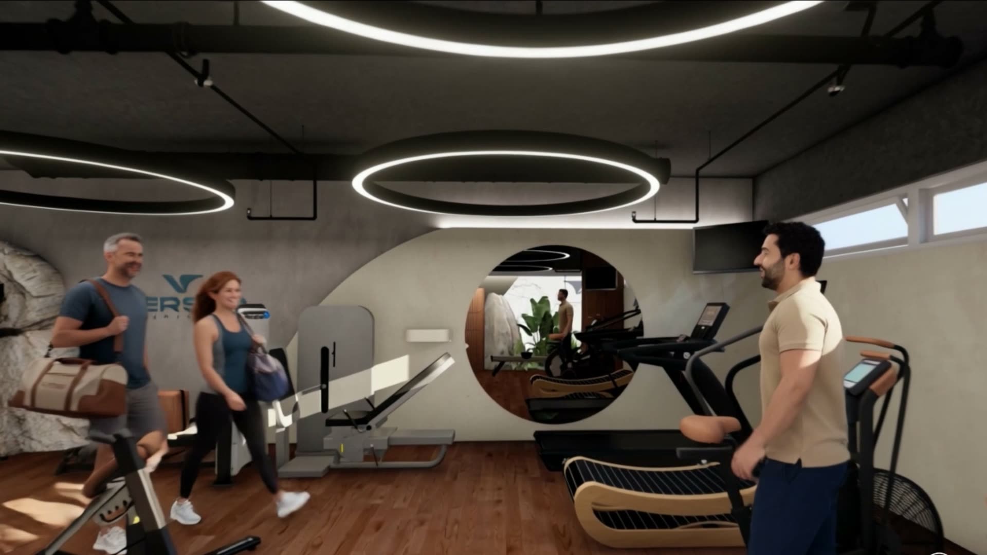 Interior VERSUS Studio Lab · anéis LED sobre sala principal de treino